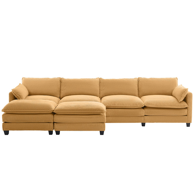 133" Corduroy 4-Seater Sectional Sofa With 2 Movable Ottomans, Modular Design, Yellow Corduroy