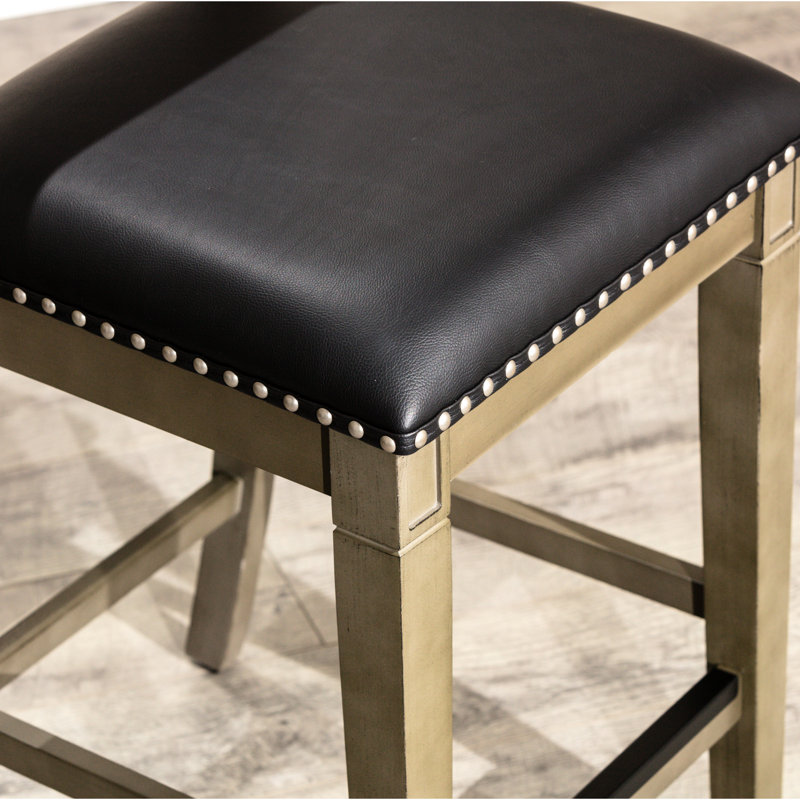 Tabouret de comptoir rustique de 24 po avec siège en cuir noir, aspect gris vieilli, style pour la cuisine, pieds, barre de cadre stable