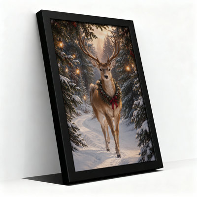 " Brown Deer With Festive Wreath In Snowy Forest Christmas "