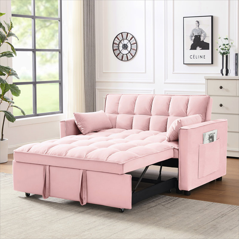 Cubbindall Upholstered Convertible Sofa Bed,Sleeper Sofa,Velvet Sofa,Modern Sofa,Accent Sofa, Pink Velvet 2