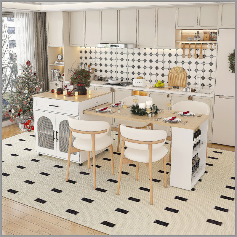 80-Inch Expandable Kitchen Island With Dining Table, Solid Wood Grain Countertop With Power Outlet, Mobile Storage Cart With Cabinet & 2 Drawers, Kitchen Prep Table(White)