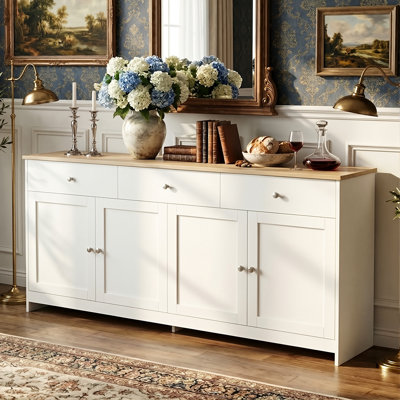 160cm Farmhouse Sideboard Buffet, 4-Door Storage Console with 3 Drawers & Adjustable Shelves,  White & Oak