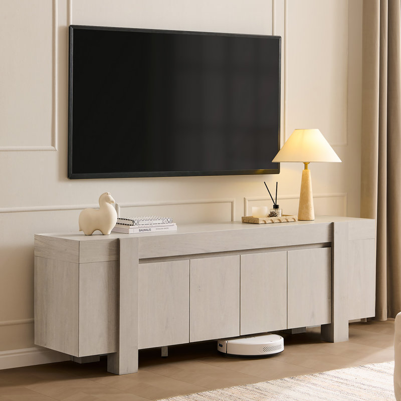 70" Modern Farmhouse Wooden Tv Stand, Media Console With Closed Storage Cabinets, White Alder