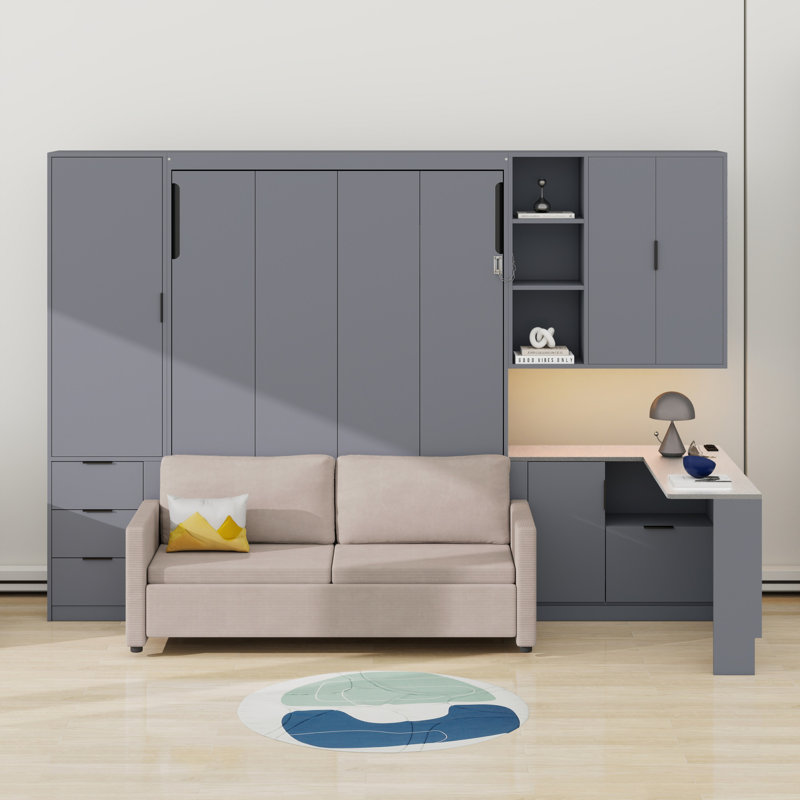 Lit escamotable avec rangement hydraulique, canapé, tablettes et tiroirs, éclairage DEL / USB, Gris/beige