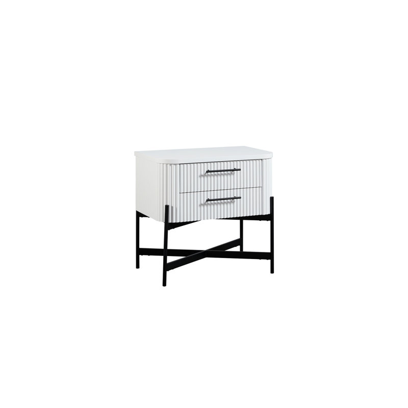 Table de chevet 2 tiroirs - blanc, compatible avec le type C, bois massif +, accent en métal, plateau en feutre activé, base et tiroirs