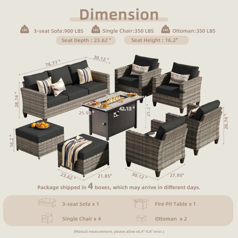8 - Person Patio Furniture Set , Outdoor Wicker Rattan Seating Group With Cushions, All Weather Sofa Conversation Set With Fire Pit Table For Garden Backyard