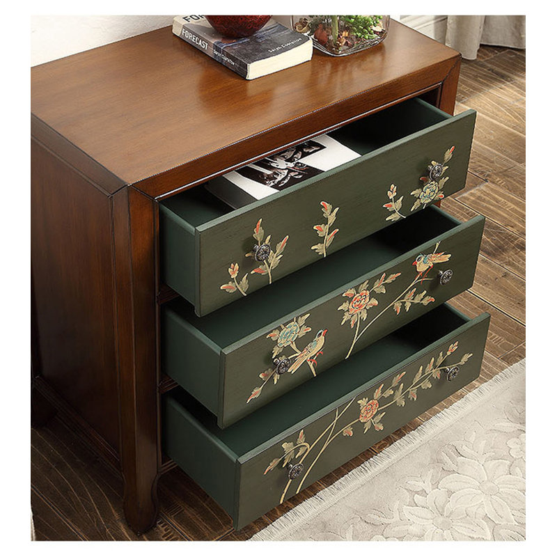 Tiroir de table de chevet rétro en bois massif de style traditionnel avec motifs floraux peints à la main convenant aux chambres et aux salons