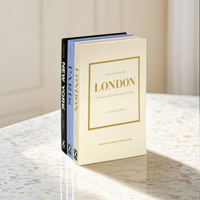 Coffee Table Books Cities Set of 3, Beige, Black and Light Blue Faux Books for Scandinavian, Boho and Modern Home Styling