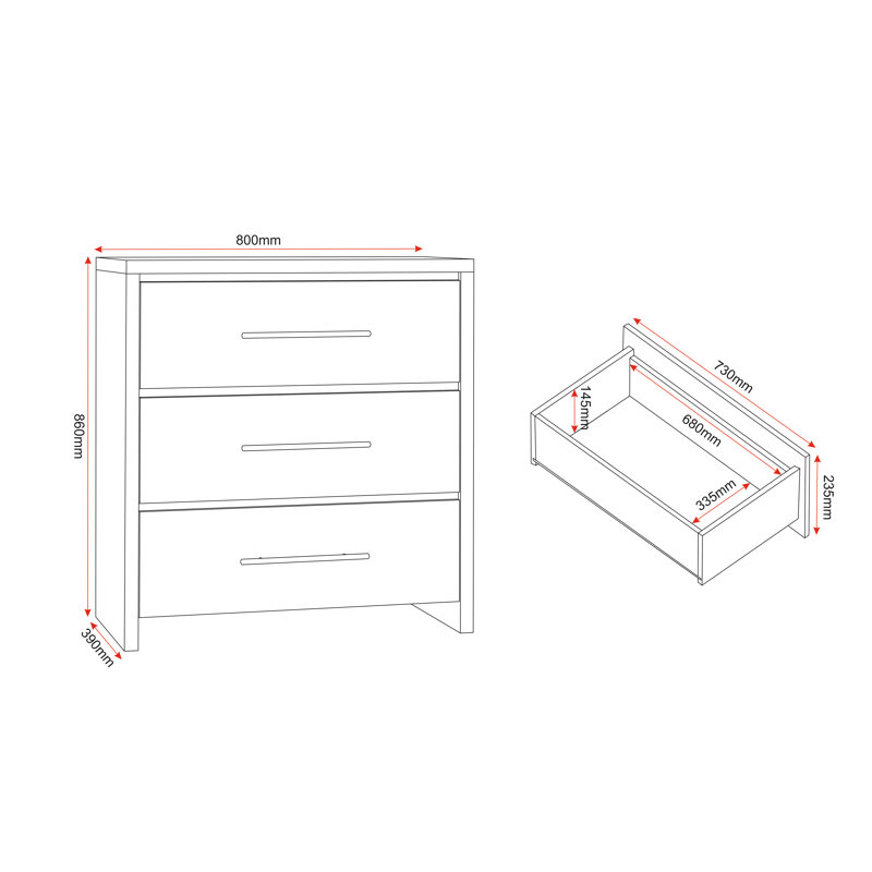 Louisa 3 Drawer Chest Of Drawers, Oak/White