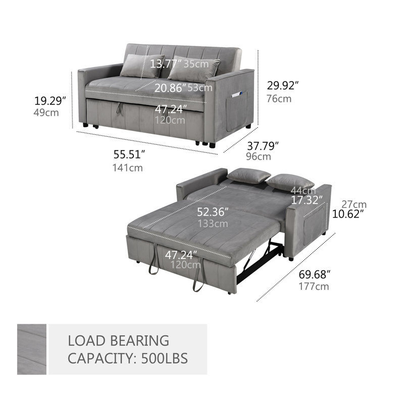 Canapé multifonctionnel, canapé-lit 3 en 1 avec dossier et coussins réglables, canapé-lit moderne pour les petits espaces et les salons (gris)