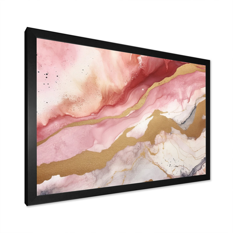 «Rose and Gold Enchanted Spills I», art mural abstrait pour le salon, H 12 po x l 20 po x P 1 po, Cadre simple noir