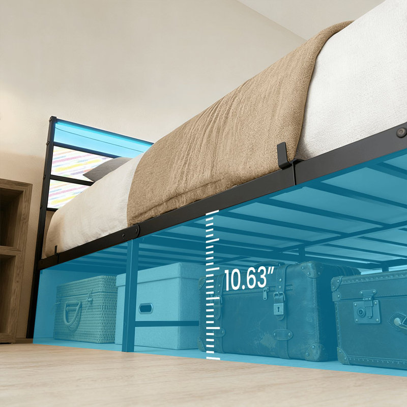 Structure de lit à DEL avec ports USB et C, capacité de poids de 1000 lb, base de lit plateforme avec 5 lattes en bois