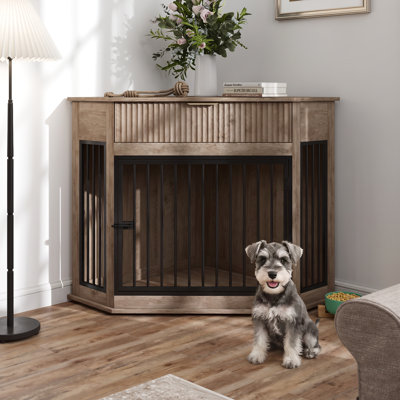 Cage d'angle pour chien en MDF, 80 cm L x 80 cm l x 85 cm H, en métal et MDF, monobloc, gris, avec tiroirs cannelés, solution d'espace d'angle pour chiens de petite et moyenne taille.