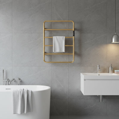 18.7" Wall Mounted Electric Towel Warmer, 6-Bar With Touch Screen Timer, Brushed Gold 304 Stainless Steel, Plug-In/Hardwired