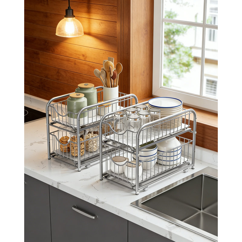 2-Tier Pull Out Under Sink Organizer Sliding Drawers Stackable Silver, Silver
