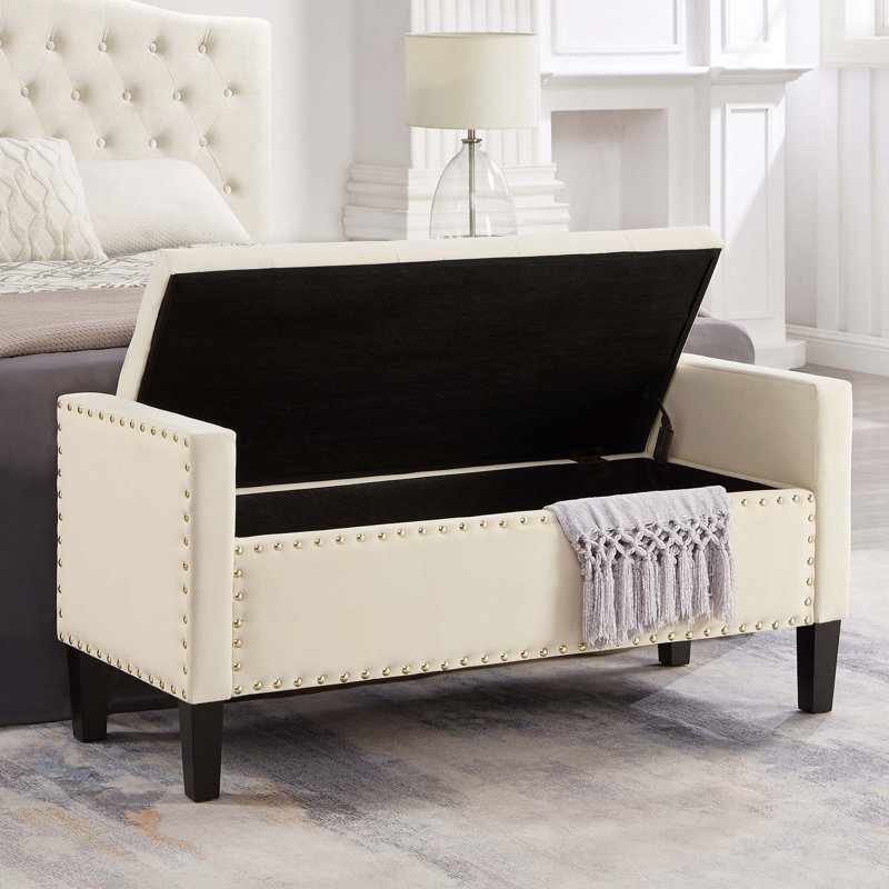 Banc de rangement rembourré capitonné avec accoudoirs, Crème, crème