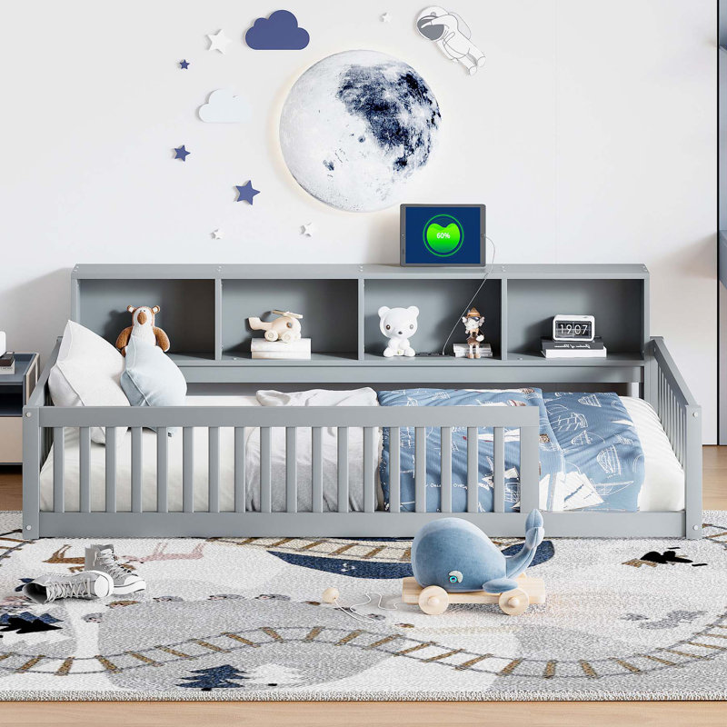 Wood Floor Bed With Storage Cabinets And USB Ports, Gray