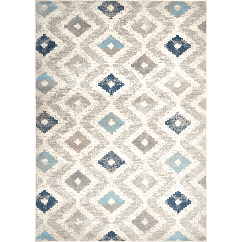 Tapis géométrique ivoire / bleu, Rectangle 9 pi 2 po x 12 pi 5 po