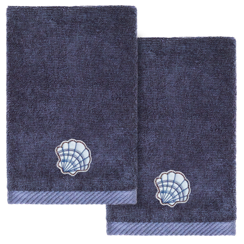 SHELL ROW 2PC Embellished Fingertip Towel Set 100% Turkish Cotton Fingertip Towel, Marine