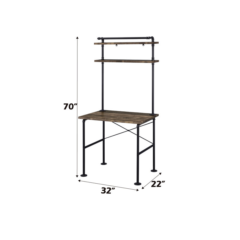 Bureau rustique moderne avec plateau en panneau de particules épais de 25 mm et pieds en métal avec décorations en chêne