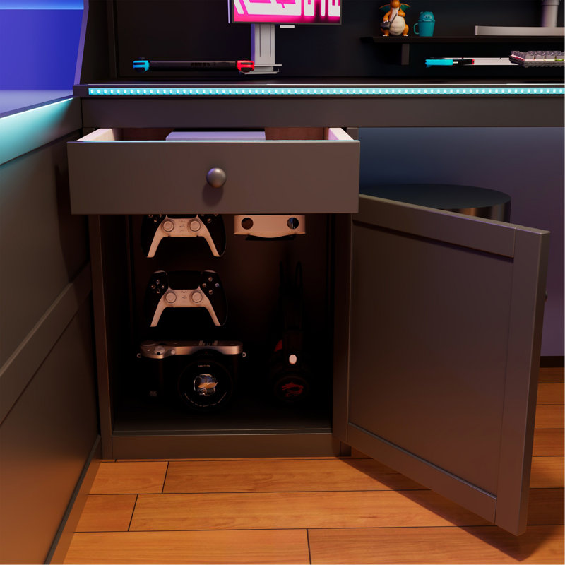 Lit mezzanine simple avec bureau intégré et lumières, cadre de lit en bois moderne avec bureau et station de charge intégrée, noir et bleu