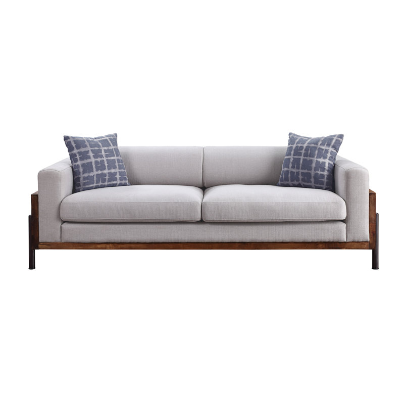 Canapé Pelton en tissu et finition noyer avec 2 coussins décoratifs