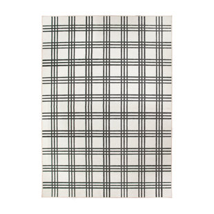 Plaid Black And Cream Performance Flatweave Washable Indoor / Outdoor Rug