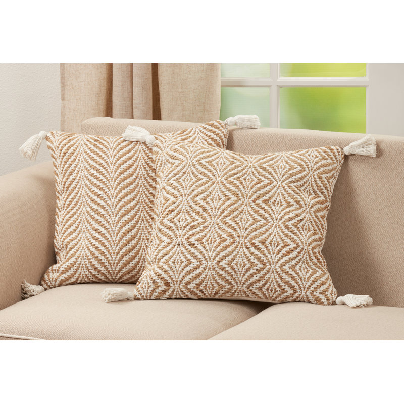 Natural Jute Woven Square Throw Pillow with Wavy Design