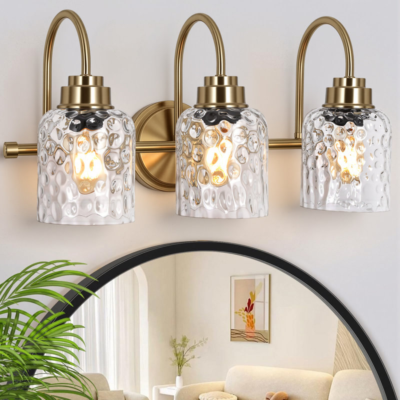 3-Light Vanity Light Glass Bathroom Gold Metal Wall Sconces, Polished Brass