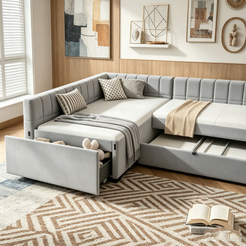 L-shape Upholstered Double Twin Size Daybed with Trundle and Drawer, Gray