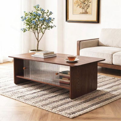 Table basse rectangulaire moderne et minimaliste de 47 pouces avec armoire de rangement avec portes coulissantes en verre, idéale pour les salons, les chambres à coucher et les bureaux, facile à assembler