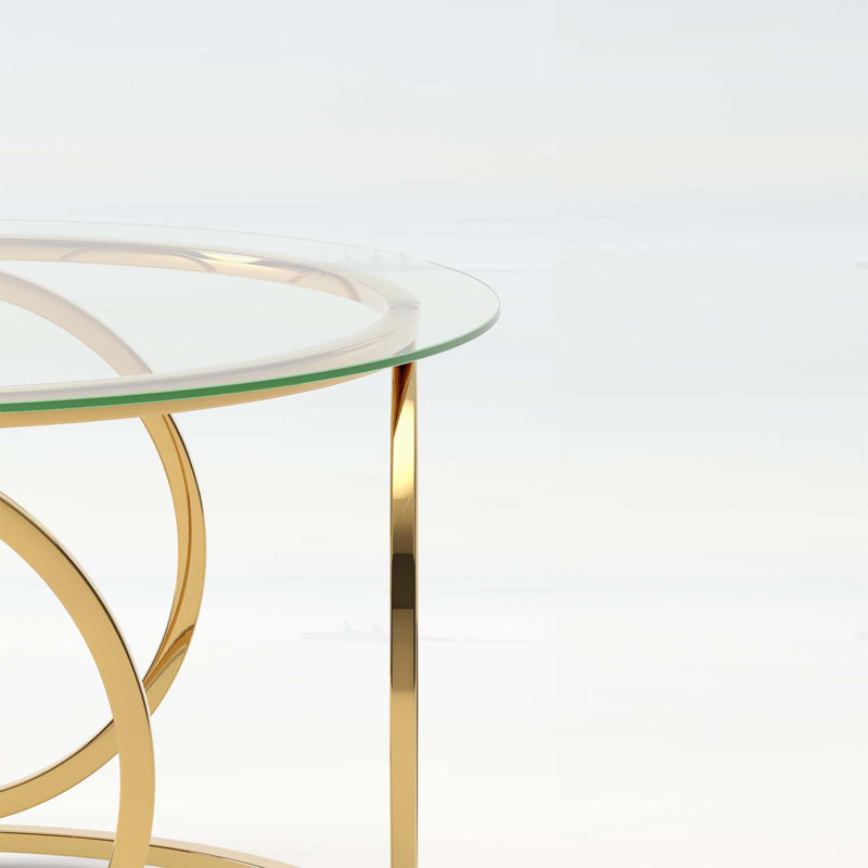 Table basse moderne Ã  plateau rond en verre et structure mÃ©tallique circulaire, Clear, Gold