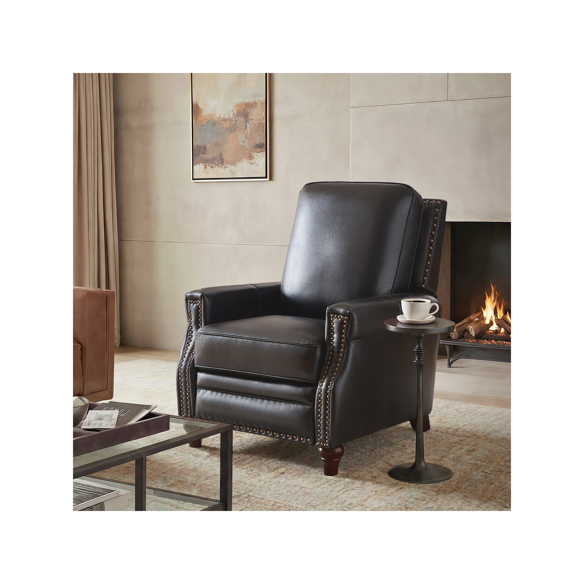 Andrena Genuine Leather Recliner with Nailhead Trim, Black Genuine Leather