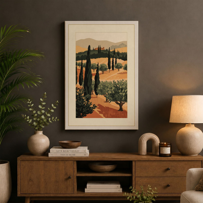 Tuscan Cypress Path Rustic - Wrapped Canvas, 24x16 - 61.0 x 40.6 cm, Ochre Border