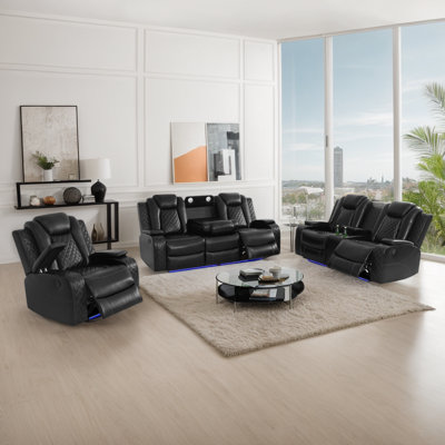 3-Piece Top Breathable Leather Power Reclining Living Room Set With Wireless Charging, LED Lighting, USB Ports & Storage Armrests (Set of 3)