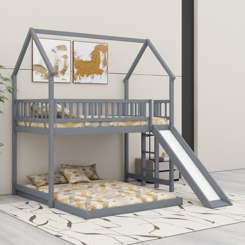 Maximisez l'espace avec lit superposé avec échelle intégrée, garde-corps sur toute la longueur et glissade amusante, Gris