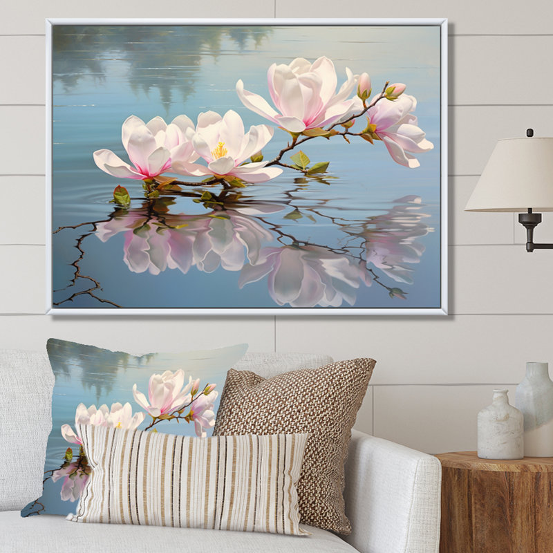«White Gray Magnolias Magnolia Reflections II», reproduction sur toile encadrée, H 34 po x l 44 po, Cadre photo noir