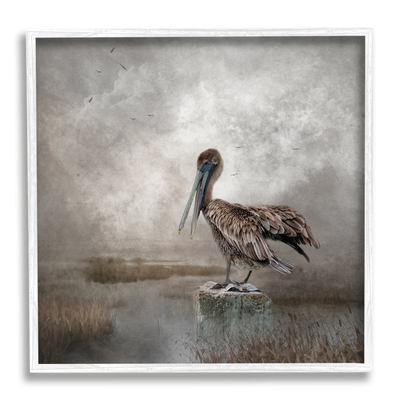 «Pelican Bird Waterside Marsh Grey», estampe numérique par Kelley Parker, H 24 po x l 24 po x P 1,5 po