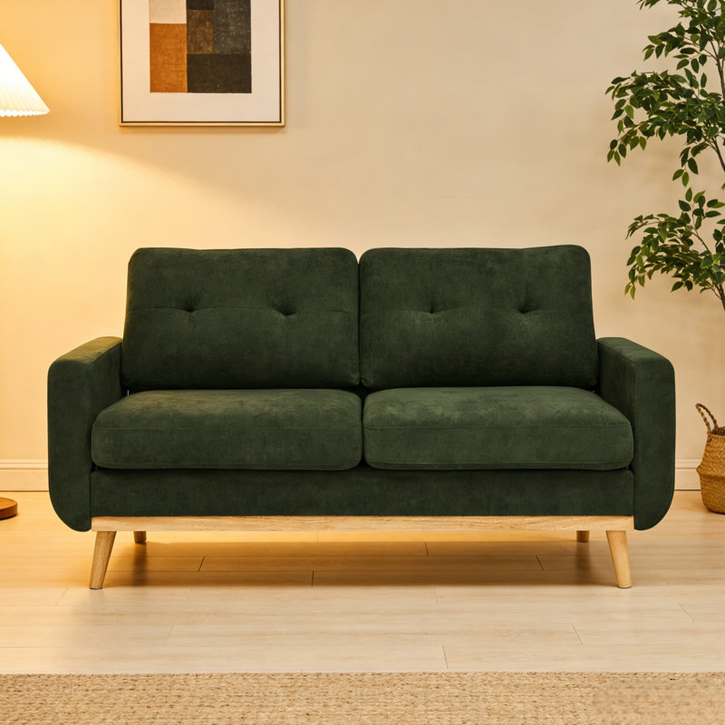 Brooklington 67.7" Square Arm Loveseat with Wooden Legs (Legs Tone May Vary), Green Polyester