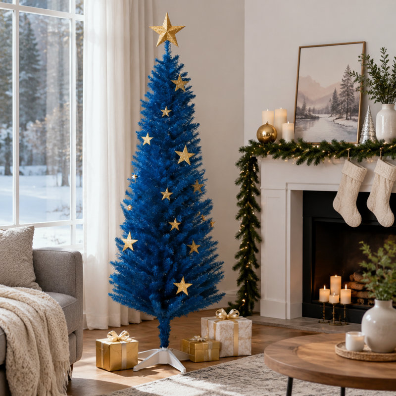 Sapin de Noël artificiel bleu crayon de 1,80 m, sapin fin non illuminé avec support en plastique robuste pour la décoration des fêtes