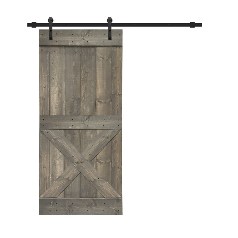 Porte de grange teintée en bois et métal avec ensemble de quincaillerie d’installation, Gris patiné