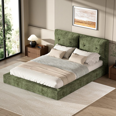 Queen Size Upholstered Bed Frame with Double-Layered Upholstered Headboard, Soft Foam Edging and Metal Base, Noise Free, Easy Assembly, Green