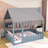 Wooden Floor Bed with Chimney Design, Enchanting Tent, Shelves and Lights-793288670-793288668