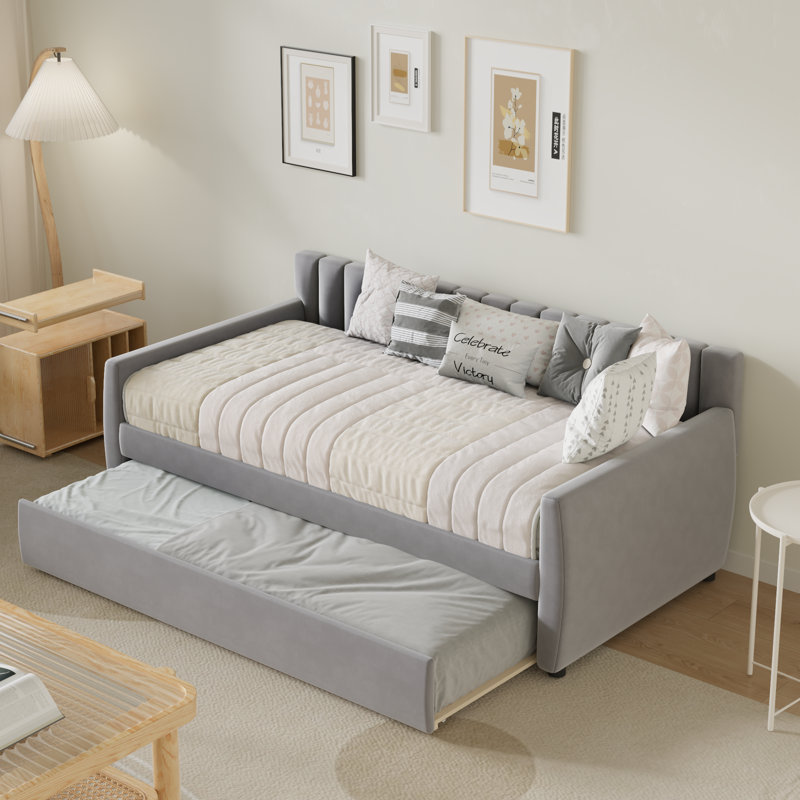 Aghwith Velvet Upholstered Full Daybed with Trundles - Solid Construction, Space Maximization, Gray