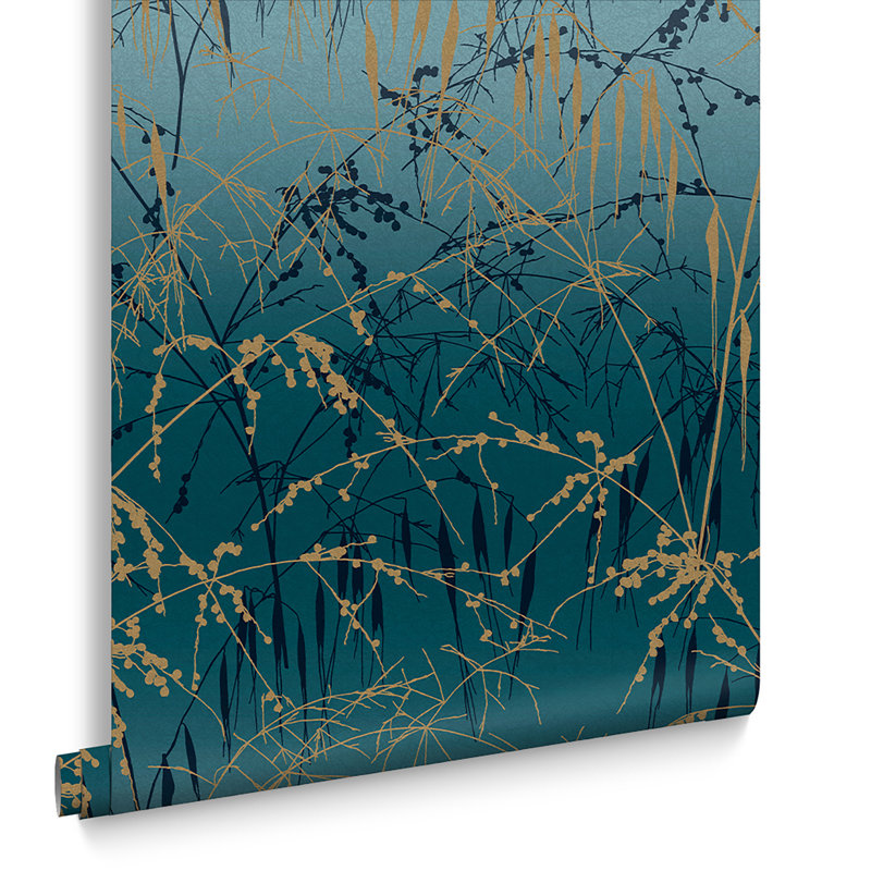 Floral Metallic Wallpaper Roll, Teal/Soft Gold
