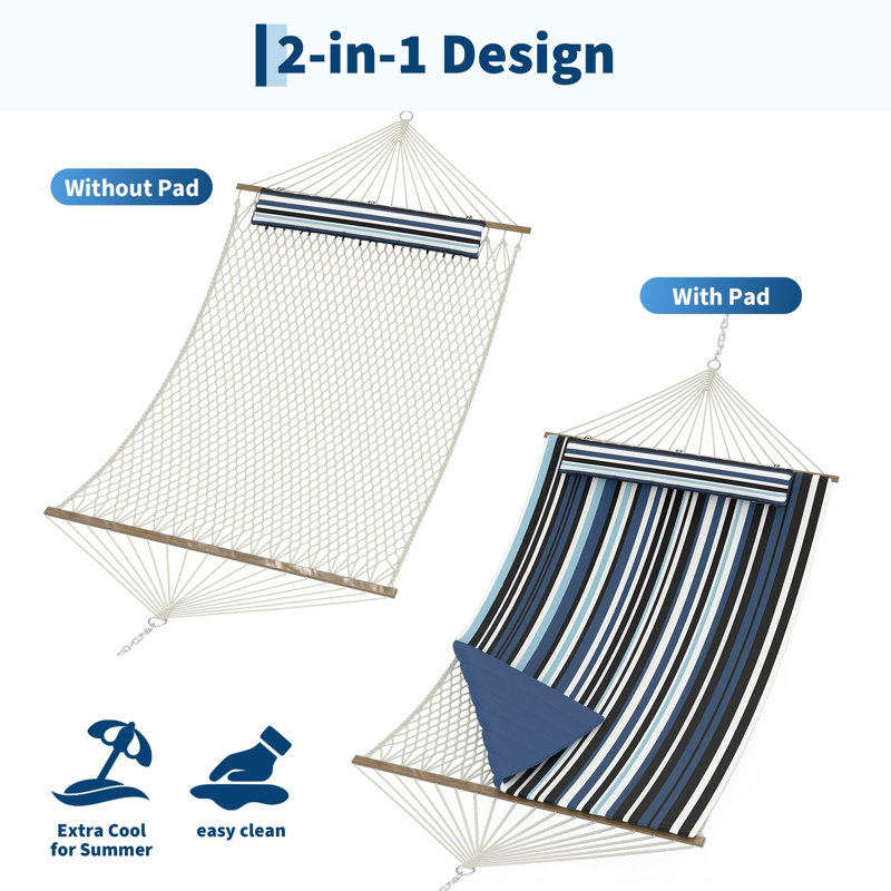 350cm/138in Rope Net Hammock Bed with Padded Cushion, Wooden Spreader Bars, Dark Grey Outdoor Hanging Hammock for Garden Patio Balcony (Stand Not Included)