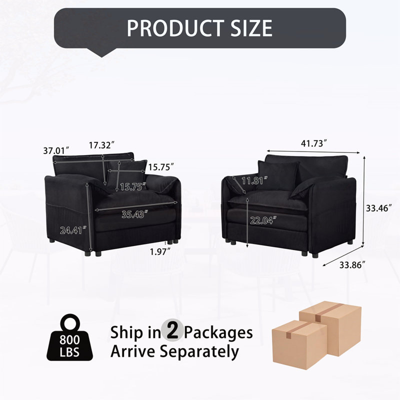Oversized Chenille Oversized Accent Chair Set of 2, Black Chenille