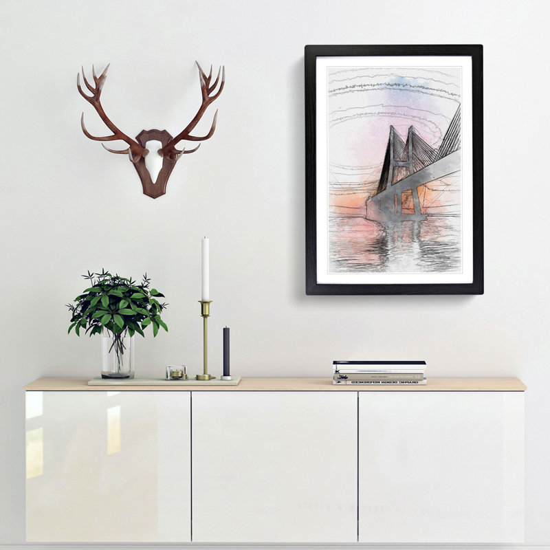 Vasco da Gama Bridge in Portugal Abstract Art - Picture Frame Graphic Art Print, 91cm H x 60cm W x 2cm D, Black