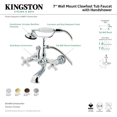Kingston Brass Vintage Three-Handle 2-Hole Tub Wall Mount Clawfoot Tub Faucet with Hand Shower