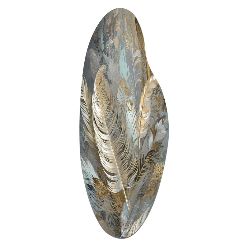 Gold Feather Extravaganza V - Glam Feather Curved Shape Assymterical Metal Wall Art, 30" H x 11" W